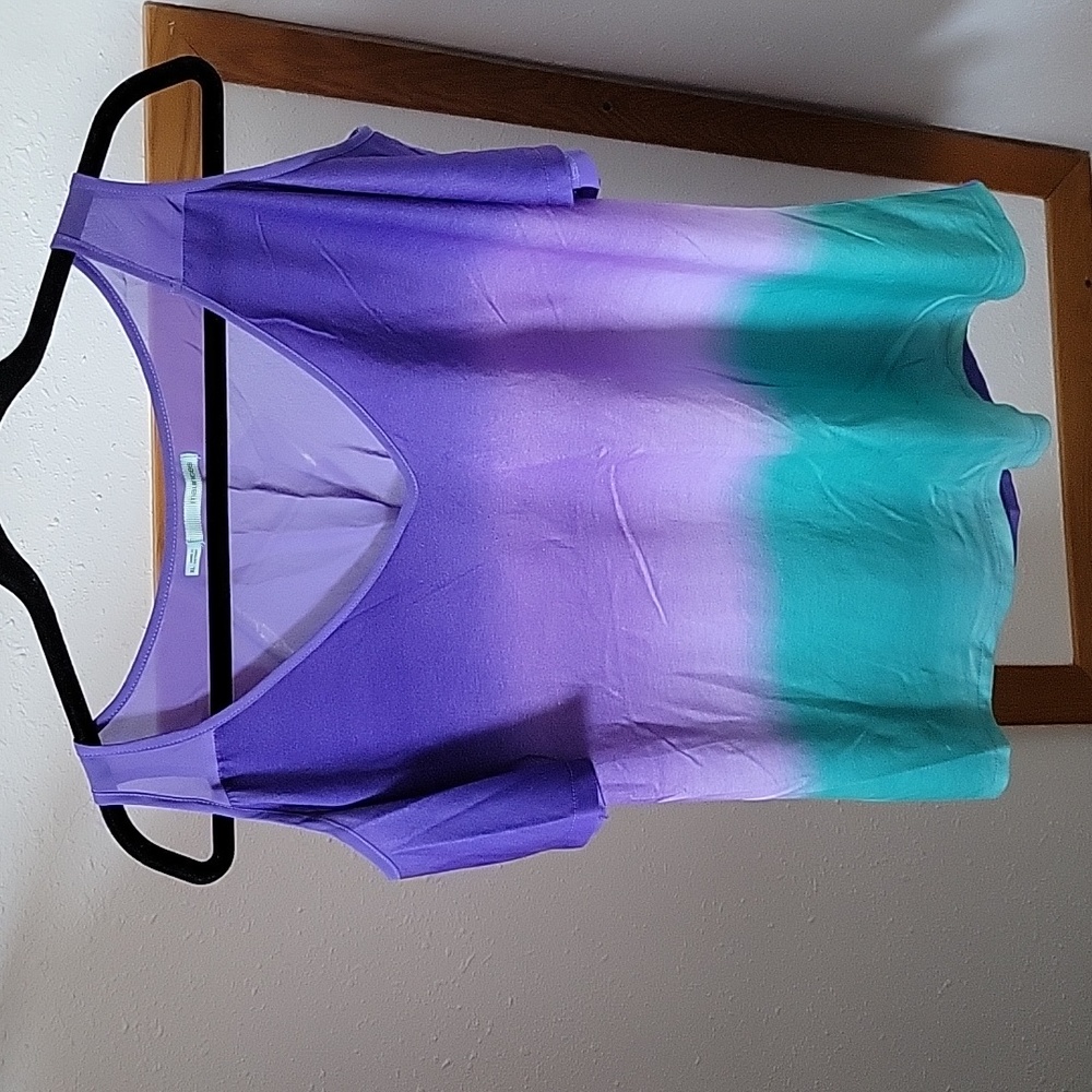 Purple and green open shoulder top